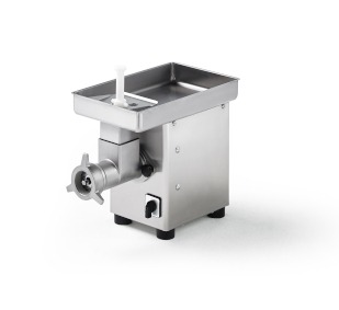 Der kleine Ladenfleischwolf. Mit abnehmbaren Schneidsatz. Ganz aus Edelstahl. Mit schwarzen Gummifüßen.